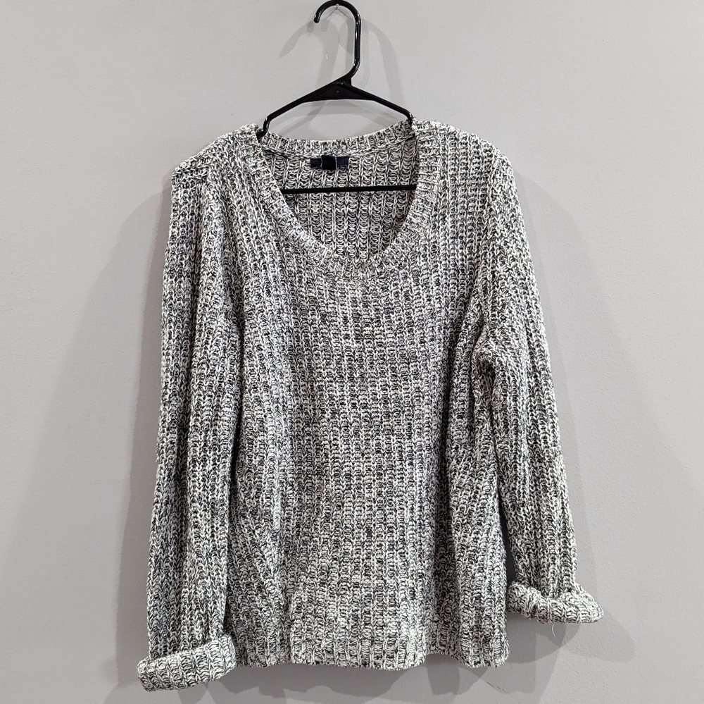 Blue and white crocheted sweater